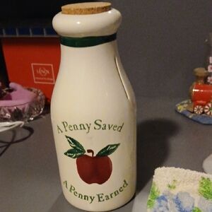 Vintage Crock Shop Santa Ana, CA Apples & Ivy Ceramic Milk Bottle Coin Bank